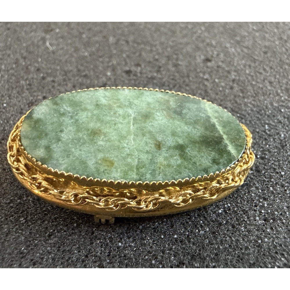 Vintage Sarah Coventry 12K GF Genuine Green Jade Oval Cabochon Filigree Brooch